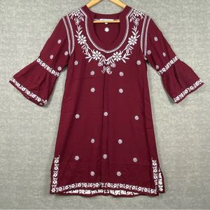 Escapada Womens Maroon/White Embroidered Floral 3/4 Ruffle‎ Sleeve Dress Midi S
